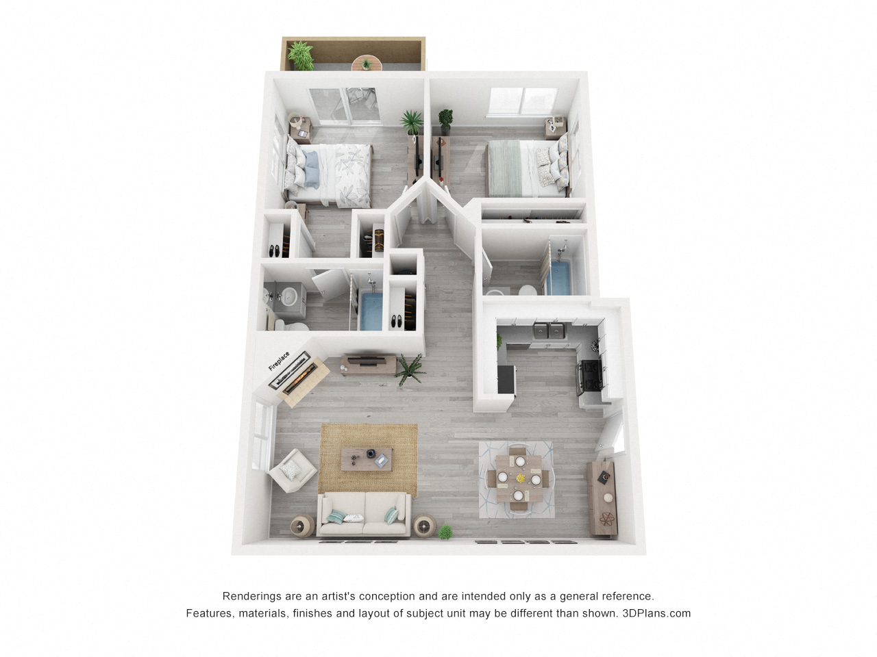Floor plan for 2 beds, 2 baths, 970 sqft